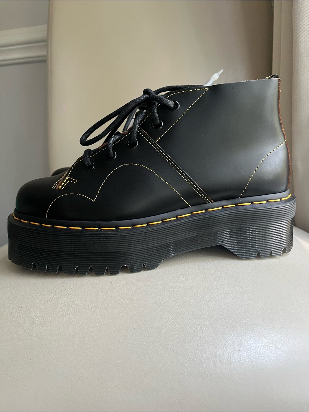 Doc martens church quad Black Platform Lace-Up Ankle Boots - Yellow Stitch
